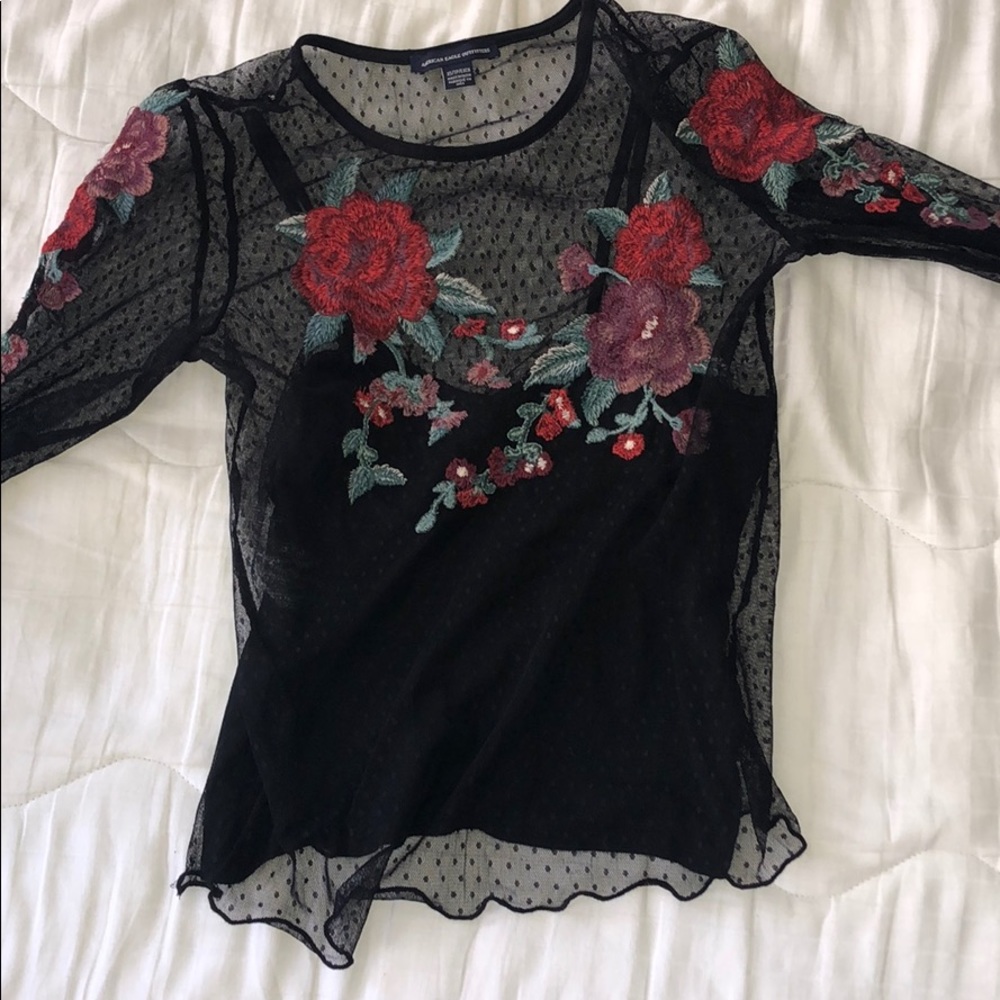 American Eagle black Swiss dot floral top